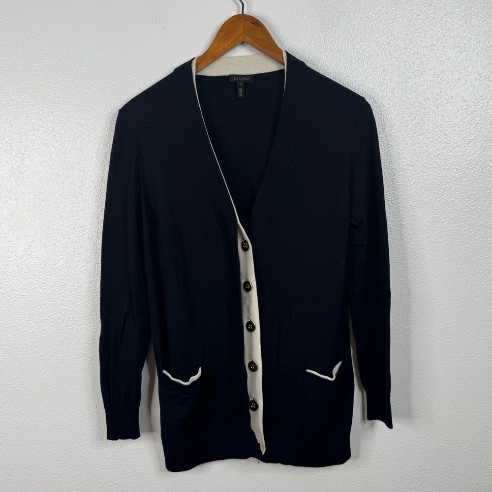 Escada Navy Virgin Wool Cardigan Sweater Size Small